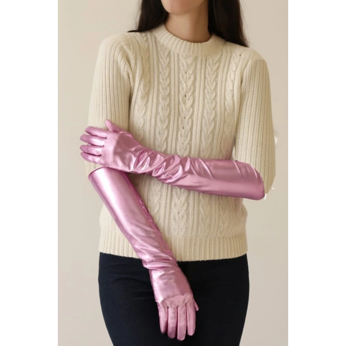 Uzun Boy Ekstra Parlak Saten Eldiven Pembe Renk NessiWorld