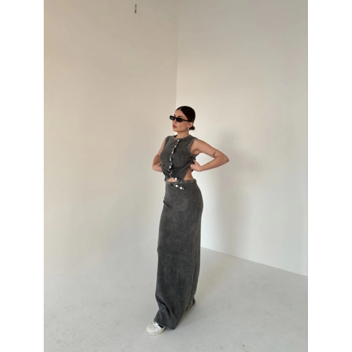 UZUN ETEKLİ ÖNÜ DÜĞMELİ BADİ İKİLİ TAKIM- ANTRASİT