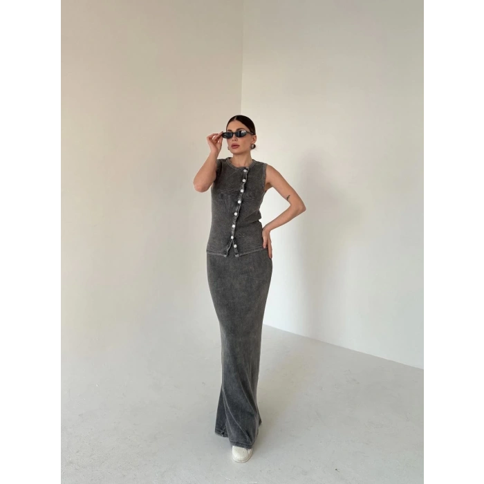 UZUN ETEKLİ ÖNÜ DÜĞMELİ BADİ İKİLİ TAKIM- ANTRASİT