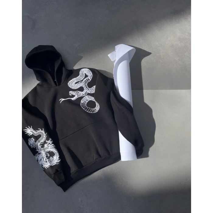 UZUN KOL KAPÜŞONLU BASKILI SWEATSHİRT - SİYAH