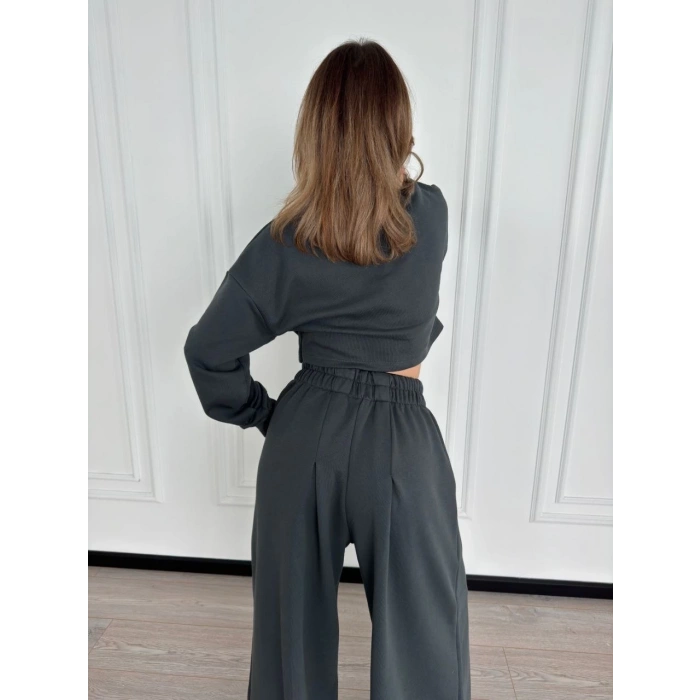 UZUN KOLLU ÖNÜ İP BÜZGÜLÜ CROP VE PANTOLON İKİLİ TAKIM - ANTRASİT