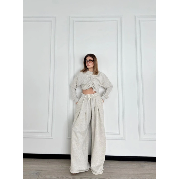 UZUN KOLLU ÖNÜ İP BÜZGÜLÜ CROP VE PANTOLON İKİLİ TAKIM - GRİ