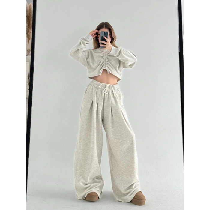 UZUN KOLLU ÖNÜ İP BÜZGÜLÜ CROP VE PANTOLON İKİLİ TAKIM - GRİ