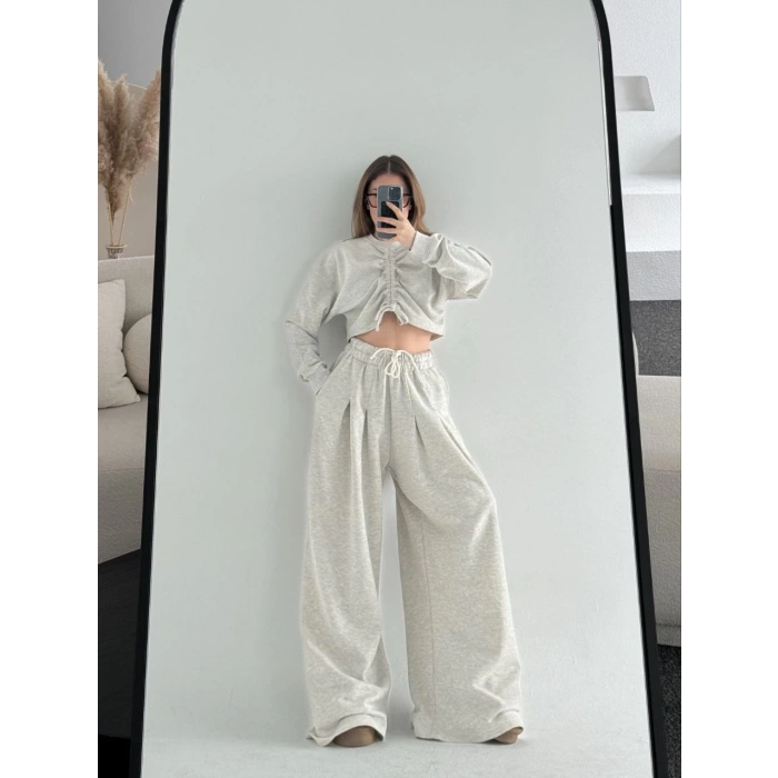 UZUN KOLLU ÖNÜ İP BÜZGÜLÜ CROP VE PANTOLON İKİLİ TAKIM - GRİ