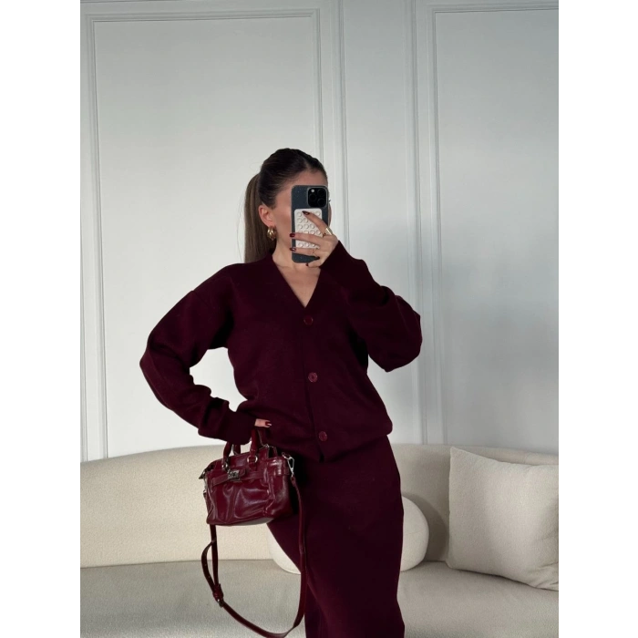 V YAKA 3 DÜĞMELİ HIRKA TAKIM TRİKO İKİLİ ETEKLİ - BORDO