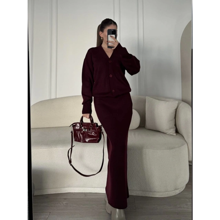 V YAKA 3 DÜĞMELİ HIRKA TAKIM TRİKO İKİLİ ETEKLİ - BORDO