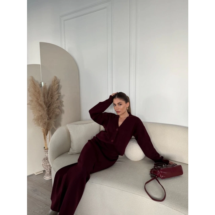 V YAKA 3 DÜĞMELİ HIRKA TAKIM TRİKO İKİLİ ETEKLİ - BORDO