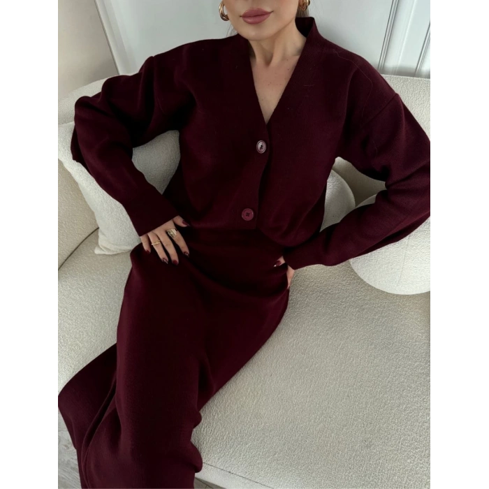 V YAKA 3 DÜĞMELİ HIRKA TAKIM TRİKO İKİLİ ETEKLİ - BORDO