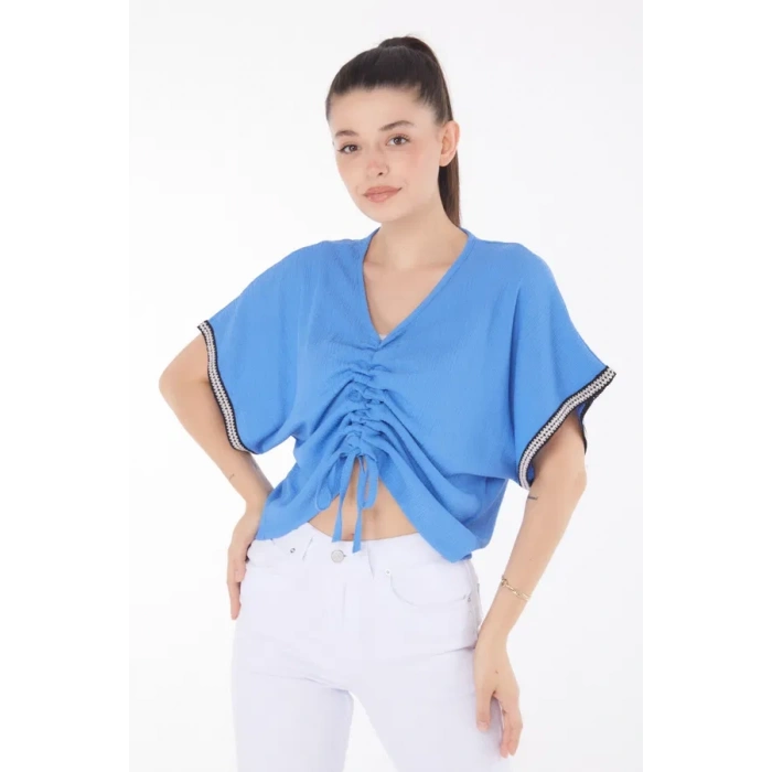 V yaka büzgülü detaylı bluz