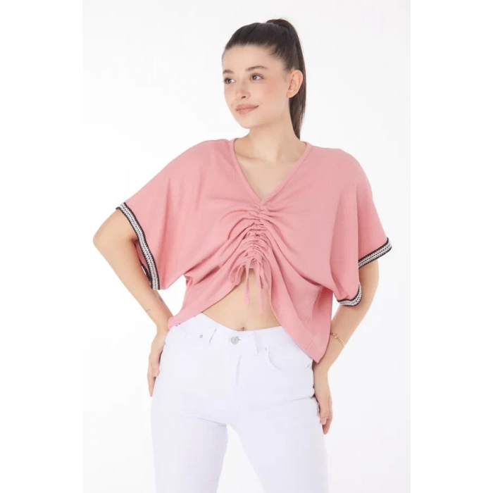 V yaka büzgülü detaylı bluz