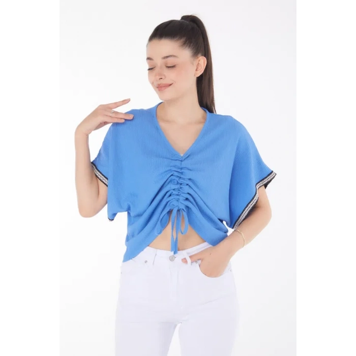 V yaka büzgülü detaylı bluz