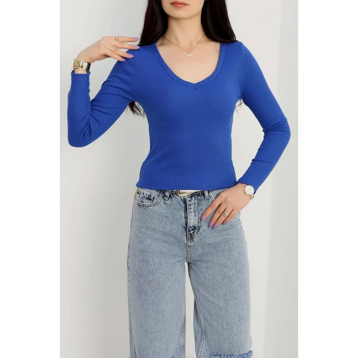 V yaka kaşkorse bluz saks mavisi a3699