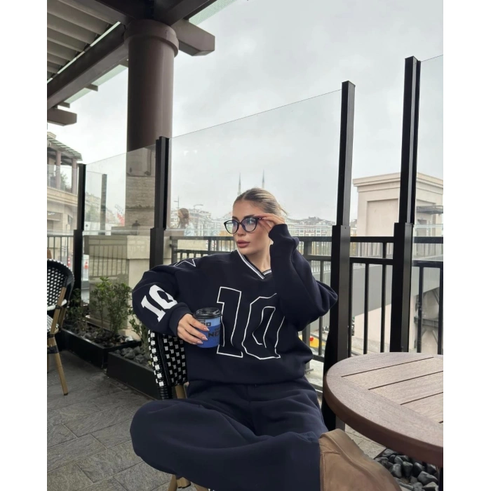 V YAKA ÜÇ İPLİK SWEAT TAKIM - SİYAH