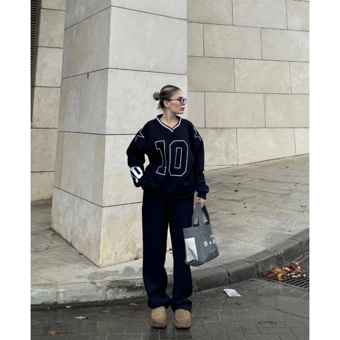 V YAKA ÜÇ İPLİK SWEAT TAKIM - SİYAH