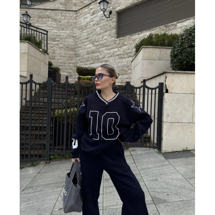 V YAKA ÜÇ İPLİK SWEAT TAKIM - SİYAH