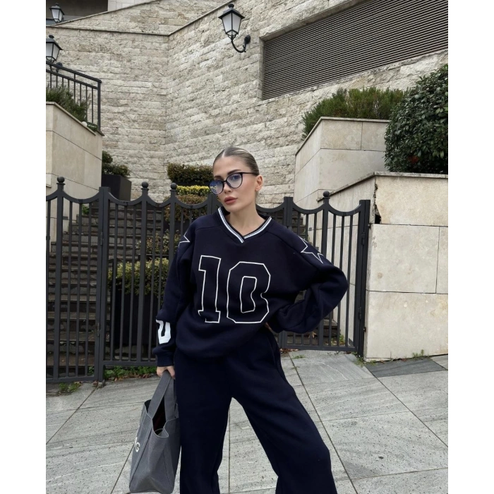 V YAKA ÜÇ İPLİK SWEAT TAKIM - SİYAH