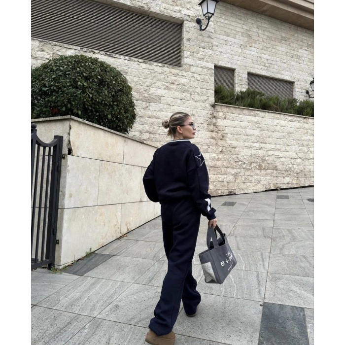 V YAKA ÜÇ İPLİK SWEAT TAKIM - SİYAH