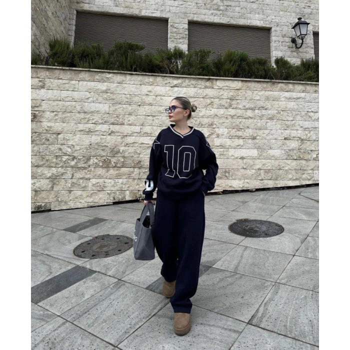 V YAKA ÜÇ İPLİK SWEAT TAKIM - SİYAH