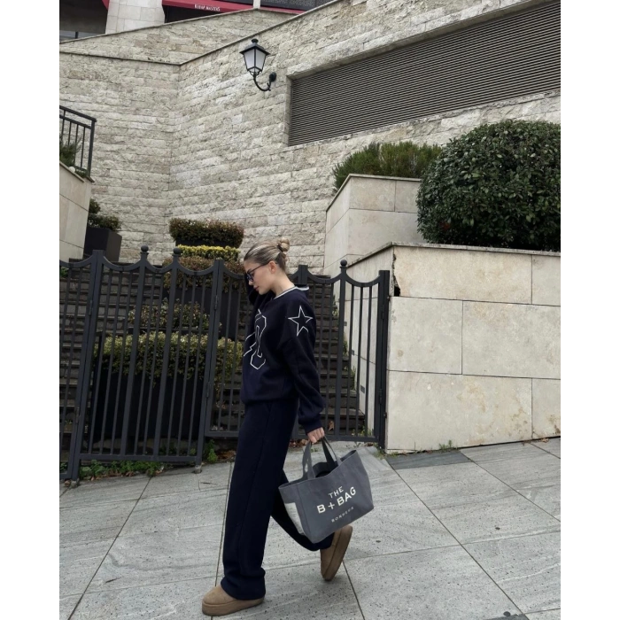 V YAKA ÜÇ İPLİK SWEAT TAKIM - SİYAH