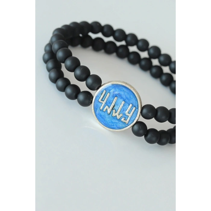 Vav Figürlü Lacivert Metal Aksesuarlı Çift Sıra Oniks Doğal Taş Erkek Bileklik