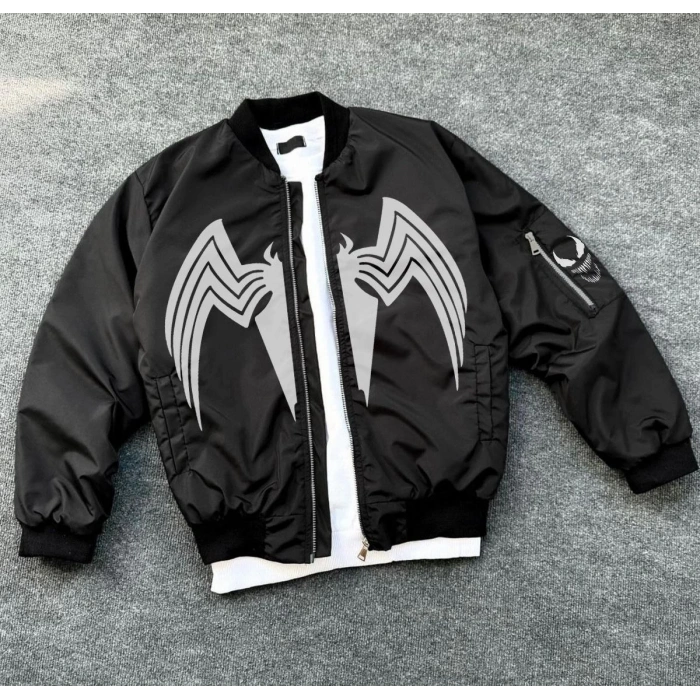 VENOM ÖRÜMCEK DESENLİ ERKEK MONT – SİYAH BOMBER CEKET, FERMUARLI, KOL FERMUARLI CEP DETAYLI, GÜNLÜK VE SOKAK MODASI İÇİN UYGUN - SİYAH