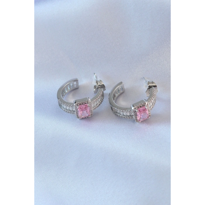 VIP Seri Gümüş Renk Yarım Halka Model Zirkon Taşlı Pirinç Kadın Küpe