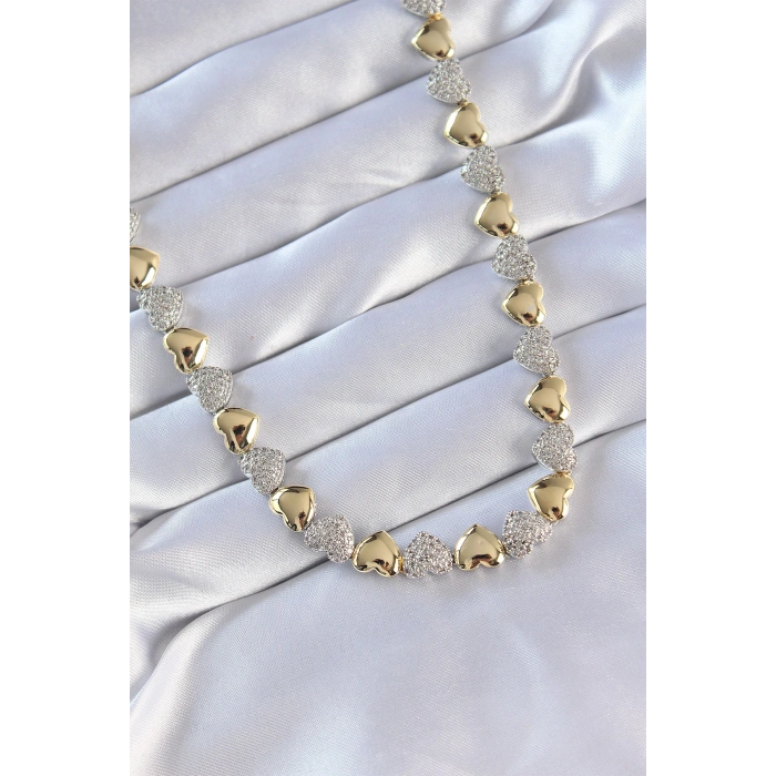 Vip Seri Pirinç Çift Renk Zirkon Taşlı Kalp Tasarımlı Kolye