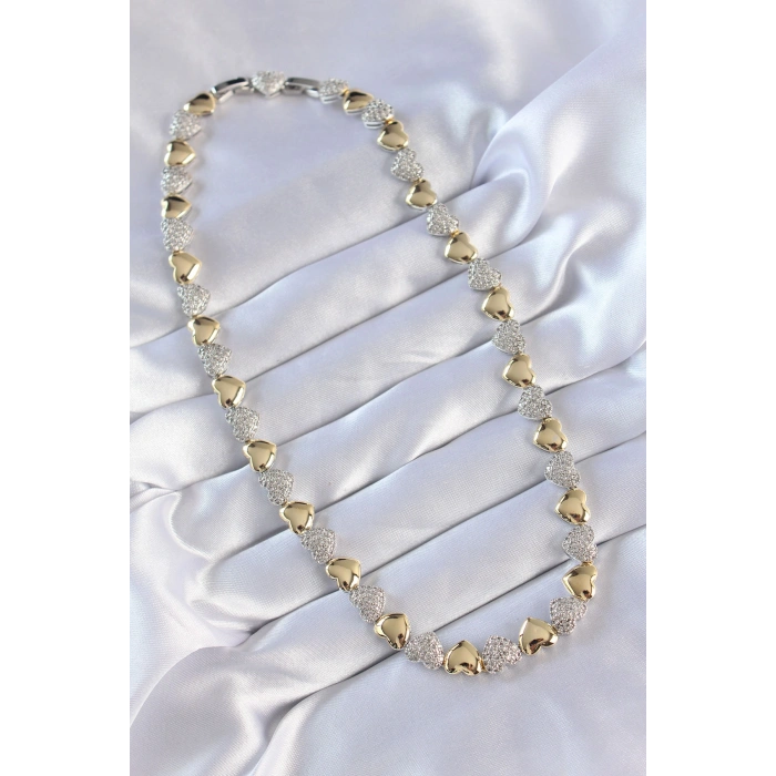 Vip Seri Pirinç Çift Renk Zirkon Taşlı Kalp Tasarımlı Kolye