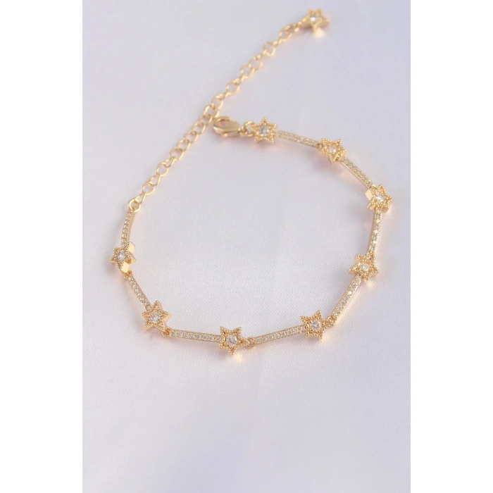 Vip Seri Pirinç Zirkon Taşlı Gold Renk Halley Model Bileklik