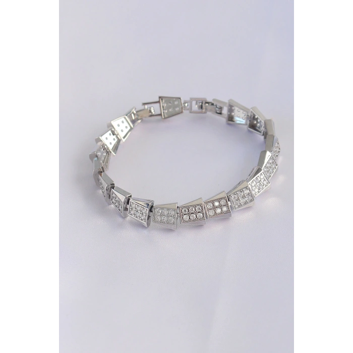 Vip Seri Pirinç Zirkon Taşlı Gümüş Renk Geometrik Bileklik