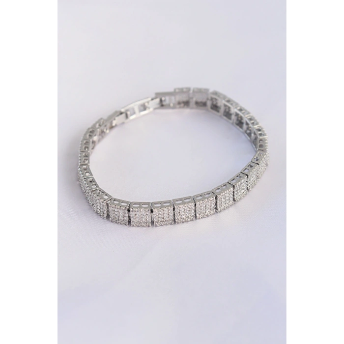 Vip Seri Pirinç Zirkon Taşlı Gümüş Renk Kare Su Yolu Model Bileklik