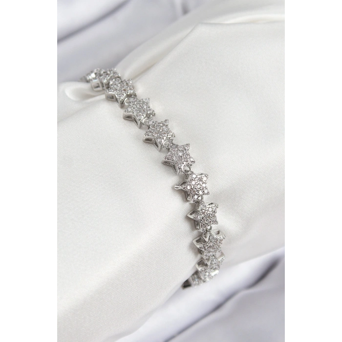 VIP Seri Pirinç Zirkon Taşlı Sıralı Yıldız Model Gümüş Renk Kadın Bileklik