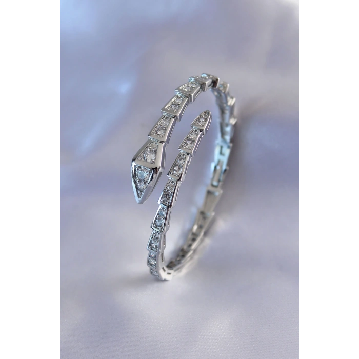 VIP Seri Yılan Model Gümüş Renk Kadın Kelepçe Bileklik