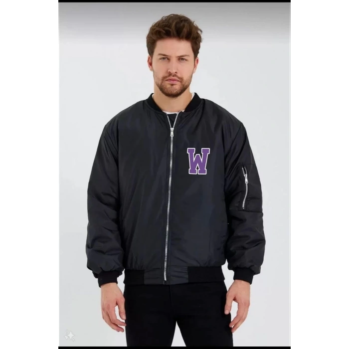 WİLD ONE BASKILI ERKEK BOMBER MONT – PANTER DESENLİ, FERMUARLI, KAPİTONE ASTARLI CEKET - SİYAH