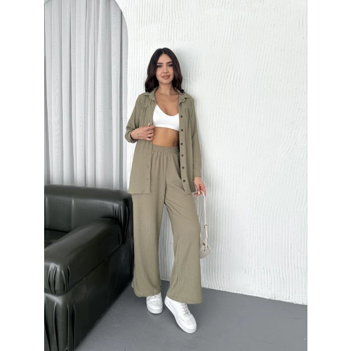 YAKALI DÜĞMELİ UZUN KOLLU GÖMLEK PANTOLON İKİLİ TAKIM - BEJ