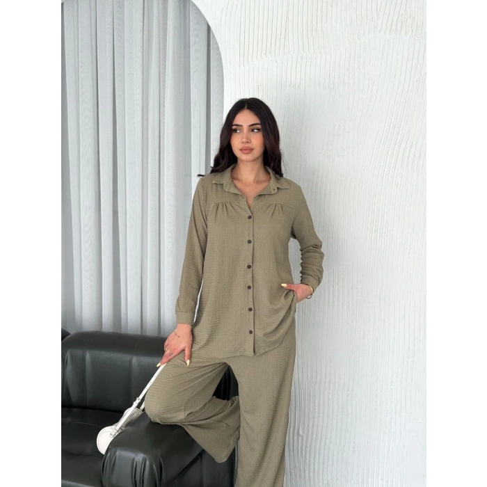 YAKALI DÜĞMELİ UZUN KOLLU GÖMLEK PANTOLON İKİLİ TAKIM - BEJ