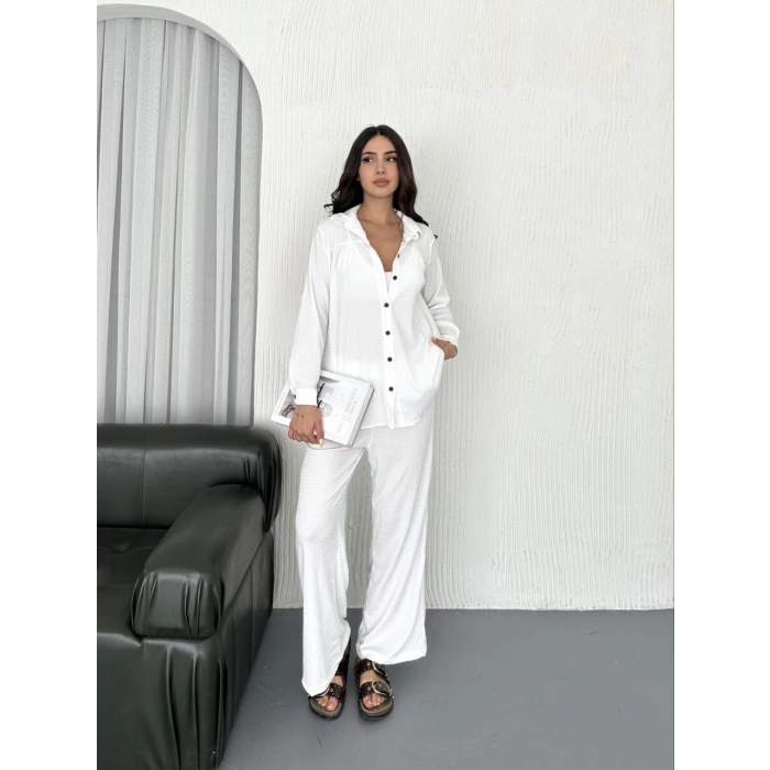 YAKALI DÜĞMELİ UZUN KOLLU GÖMLEK PANTOLON İKİLİ TAKIM - BEYAZ