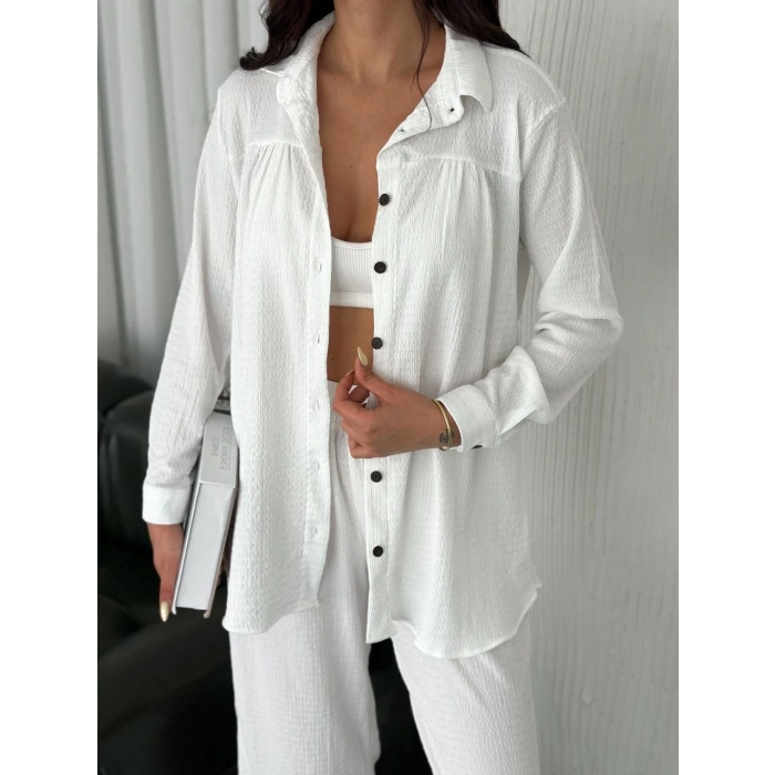 YAKALI DÜĞMELİ UZUN KOLLU GÖMLEK PANTOLON İKİLİ TAKIM - BEYAZ