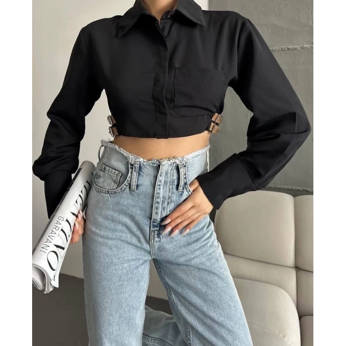 Yanı kemer detaylı crop gömlek siyah s4009