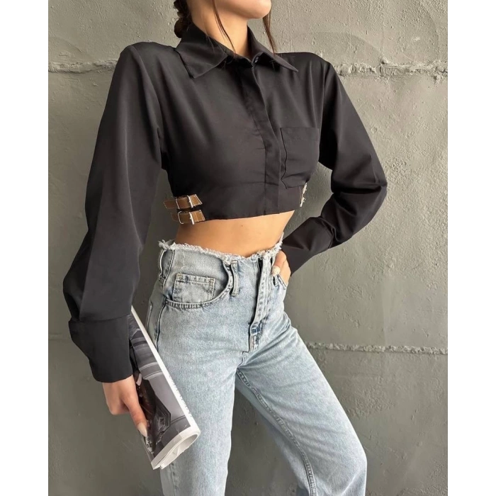 Yanı kemer detaylı crop gömlek siyah s4009