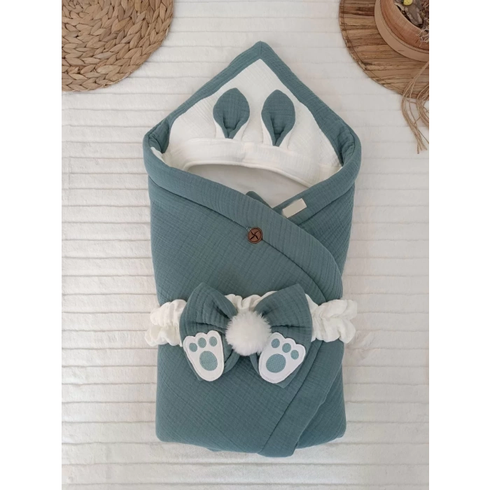 Yenidoğan 4 Kat Müslin Kumaş Kulaklı Patili Fiyonk Bebek Battaniyesi Kundak Kahverengi