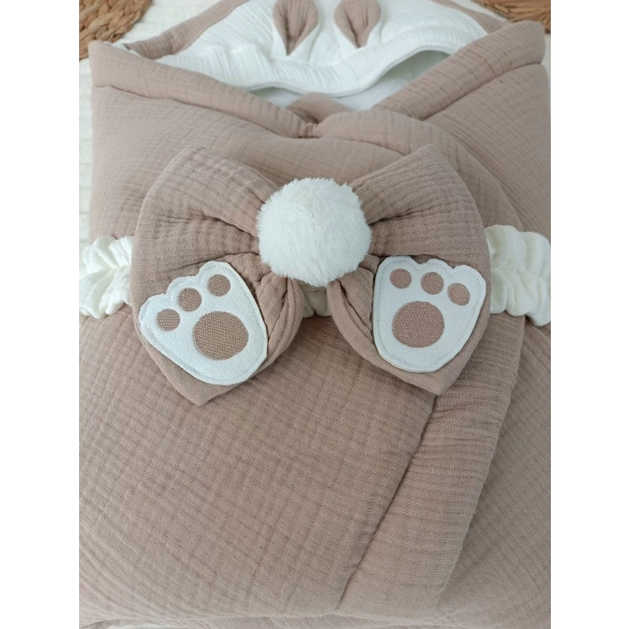 Yenidoğan 4 Kat Müslin Kumaş Kulaklı Patili Fiyonk Bebek Battaniyesi Kundak Yeşil