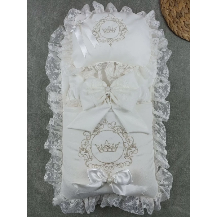 Yenidoğan Antalya Nakışlı Kundaklı Trilüks Unisex 3Lü Alt Açma Seti Ekru