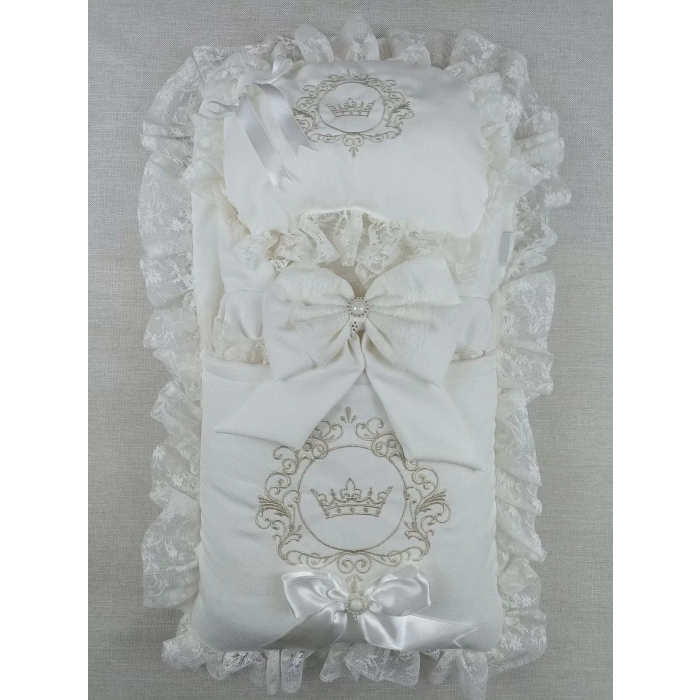 Yenidoğan Antalya Nakışlı Kundaklı Trilüks Unisex 3Lü Alt Açma Seti Ekru