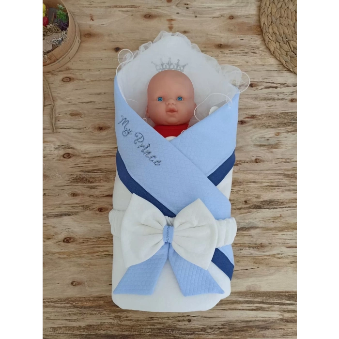 Yenidoğan Bal Peteği My Prince Nakışlı Delüks Kundak Bebek Battaniyesi Mavi