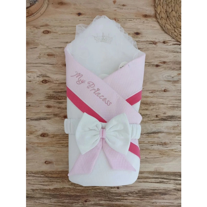 Yenidoğan Bal Peteği My Prince Nakışlı Delüks Kundak Bebek Battaniyesi Pembe