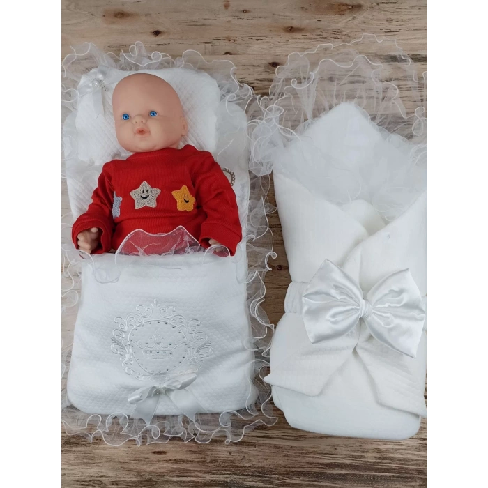 Yenidoğan Bal Peteği Nakışlı Kundaklı Trilüks 3Lü Alt Açma Seti Ekru