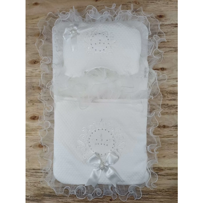 Yenidoğan Bal Peteği Nakışlı Kundaklı Trilüks 3Lü Alt Açma Seti Ekru