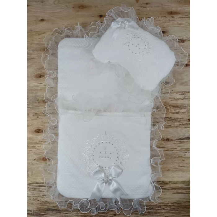 Yenidoğan Bal Peteği Nakışlı Kundaklı Trilüks 3Lü Alt Açma Seti Ekru