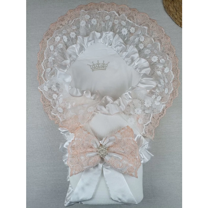 Yenidoğan Bal Peteği Nakışlı Lüks Kundak Bebek Battaniyesi Ekru